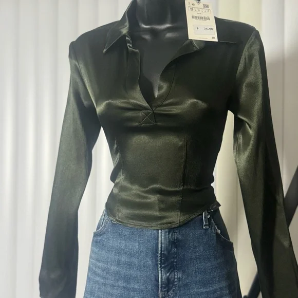 Zara Satin Collared Top – Olive Green (NWT) - Picture 1 of 2